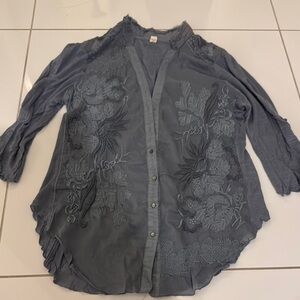 Gray 3/4 Sleeve Embellished Button Down Shirt